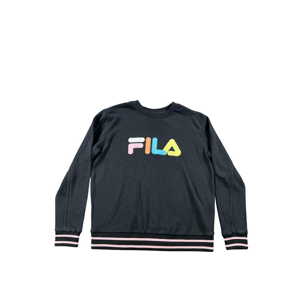 Fila Womens Black Crewneck Sweatshirt Multi Color Logo Striped Trim Size L